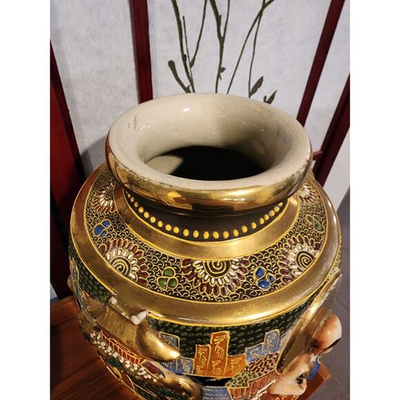 Antique Japanese Satsuma Moriage Relief Vase with Elephant 12" - Picture 6 of 9